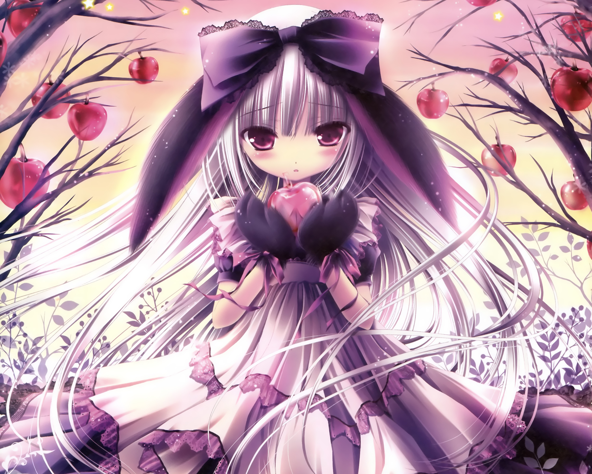 Konachan.com - 97782 animal_ears apple blush bow dress gray_hair purple_eyes tinkle.jpg